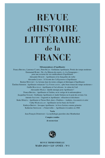 Revue d’histoire littéraire de la France 2021 / 1: