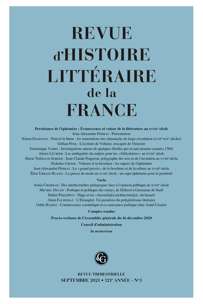 Revue d'Histoire littéraire de la France 3 – 2021, 121e année, n° 3 varia