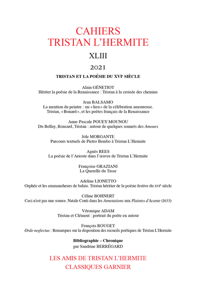 Cahiers Tristan L’Hermite 2021, n° XLIII: