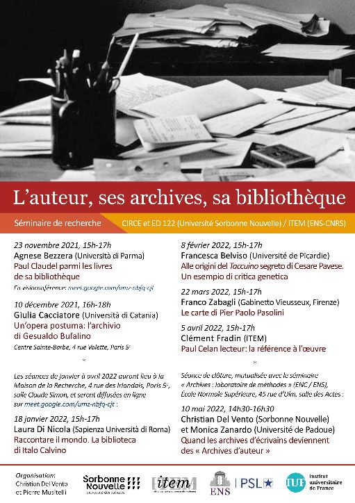 L’auteur, ses archives, sa bibliothèque (Séminaire 2021-2022, ENS Paris)