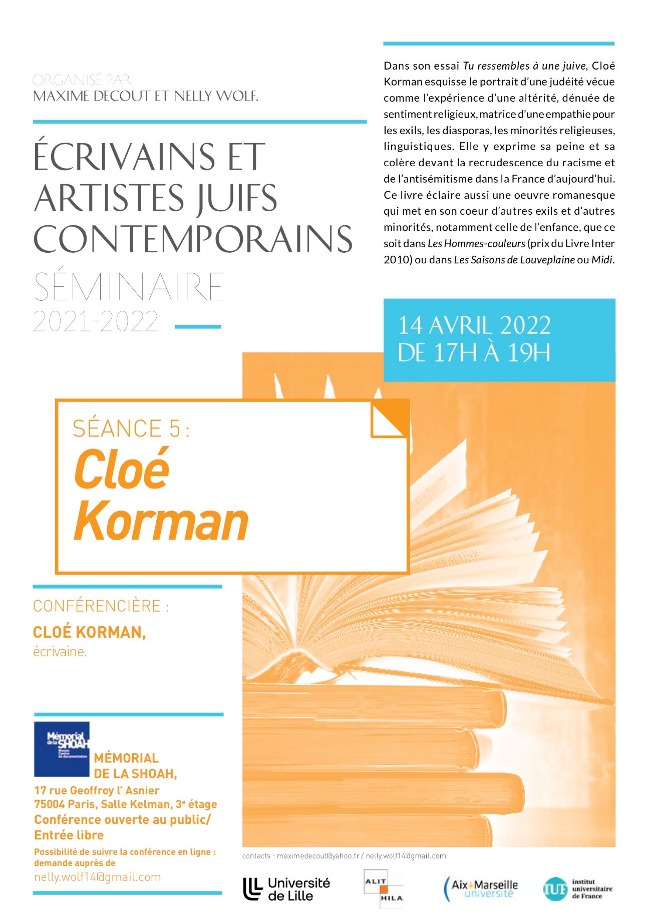 Cloé Korman (Séminaire Écrivains et artistes juifs, Mémorial de la Shoah, Paris & en ligne)