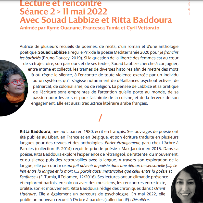 Lecture poétique et entretiens avec Souad Labbize et Rita Baddoura (Univ. Paris Cité, Grands Moulins)