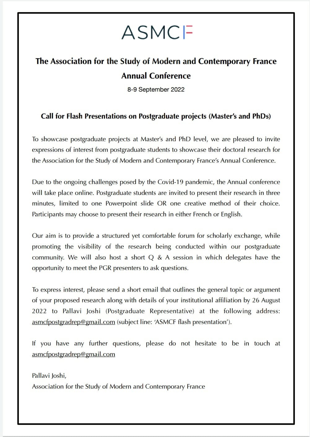 Call for Flash Presentations (Postgraduates in French and Francophone Studies)