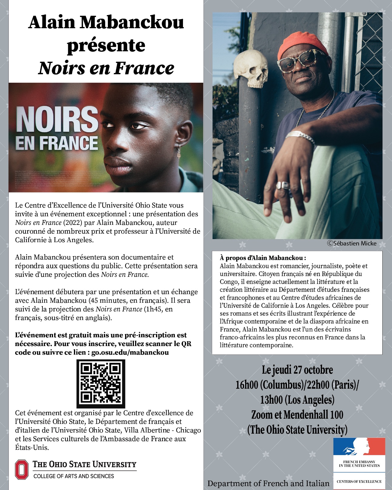 Alain Mabanckou présente Noirs en France (Université Ohio State, en ligne)