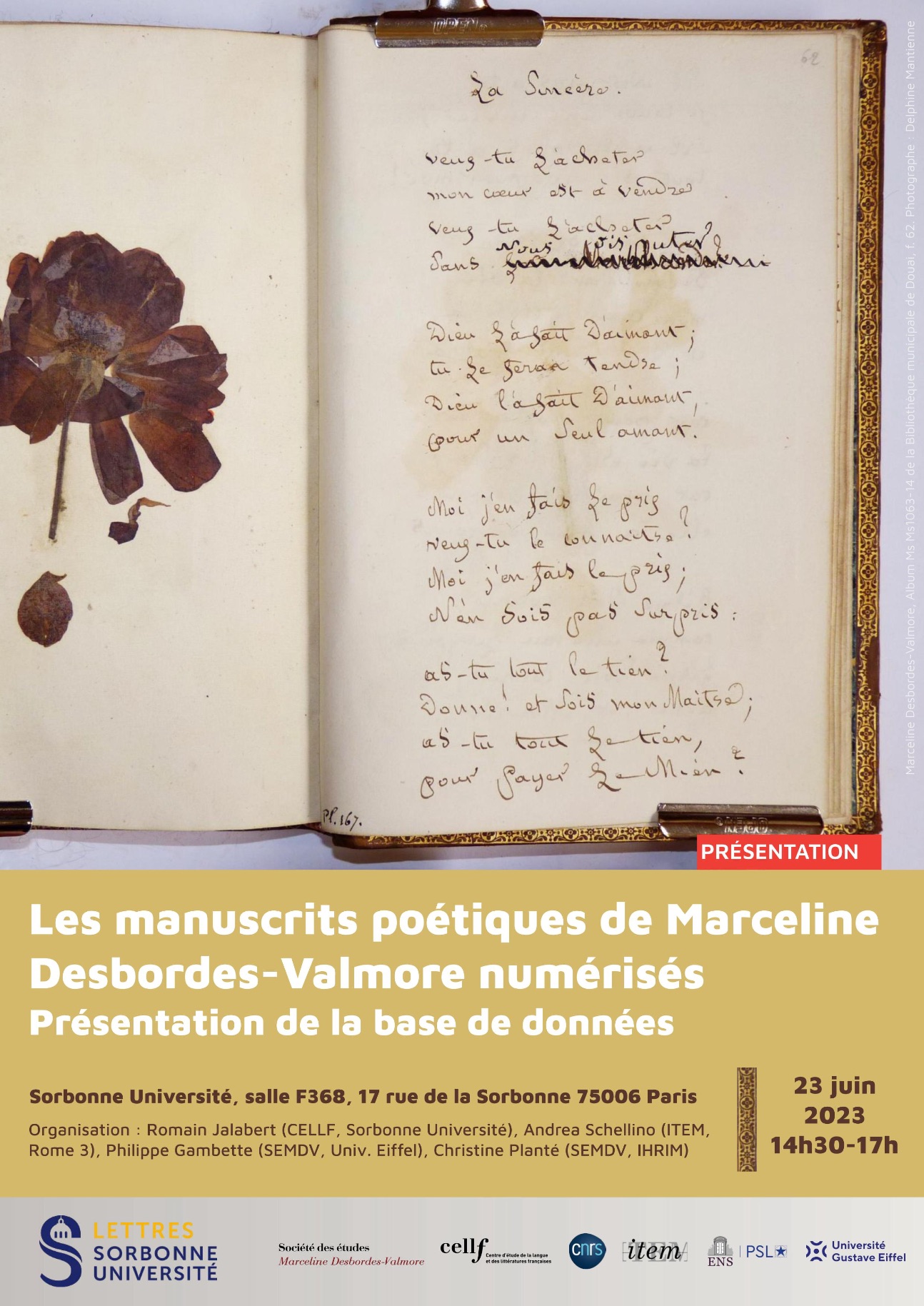 Les manuscrits poétiques de Marceline Desbordes-Valmore numérisés : présentation de la base de données (Sorbonne)