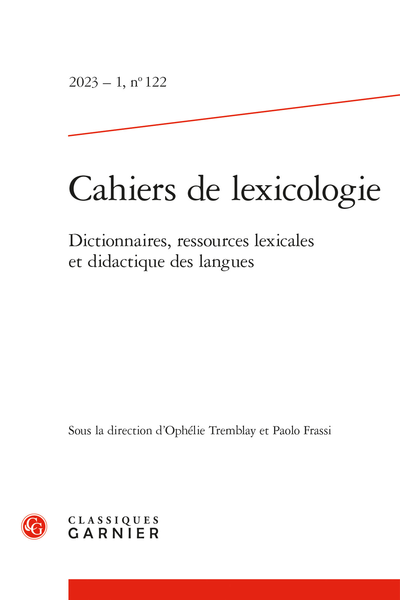 Cahiers de lexicologie 2023-1, n° 122 :