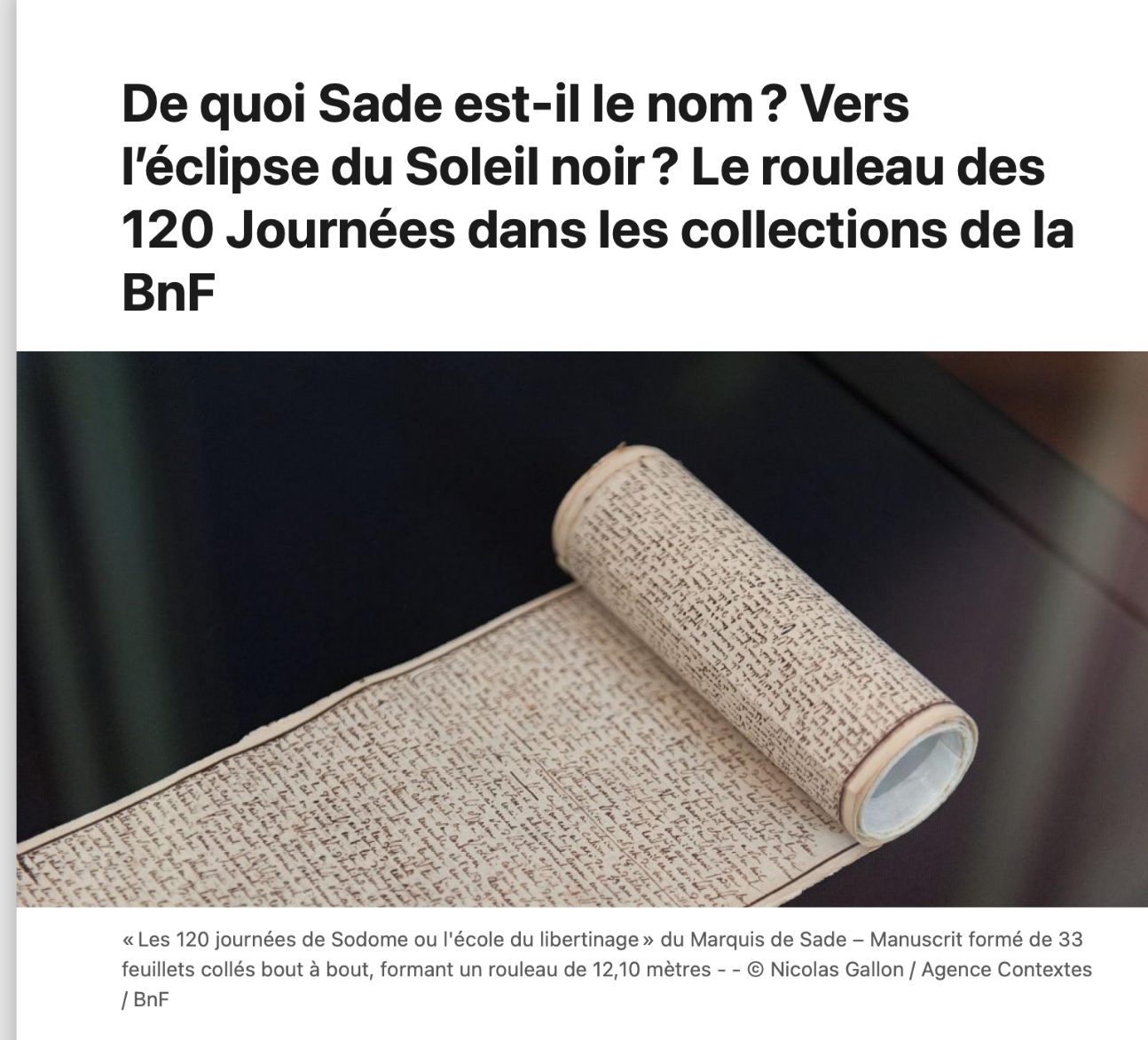 De quoi Sade est-il le nom ? Vers l'éclipse du soleil noir : le rouleau des Cent-vingt journées dans les collections de la BNF