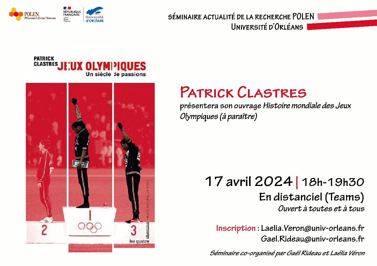 Rencontre avec Patrick Clastres autour de son Histoire mondiale des Jeux Olympiques (Séminaire d'actualité de la recherche, Orléans, en ligne)