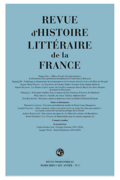 Revue d'Histoire littéraire de la France, 1 – 2025, 125e année, n° 1