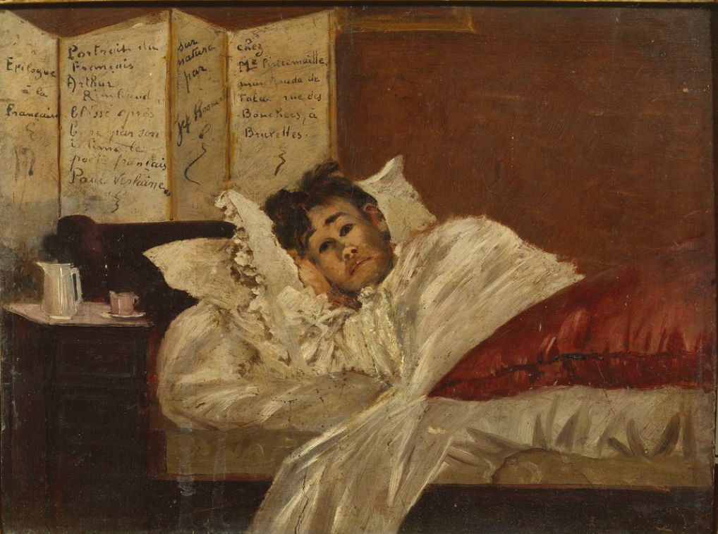 Portrait de l'auteur devant trois tableaux