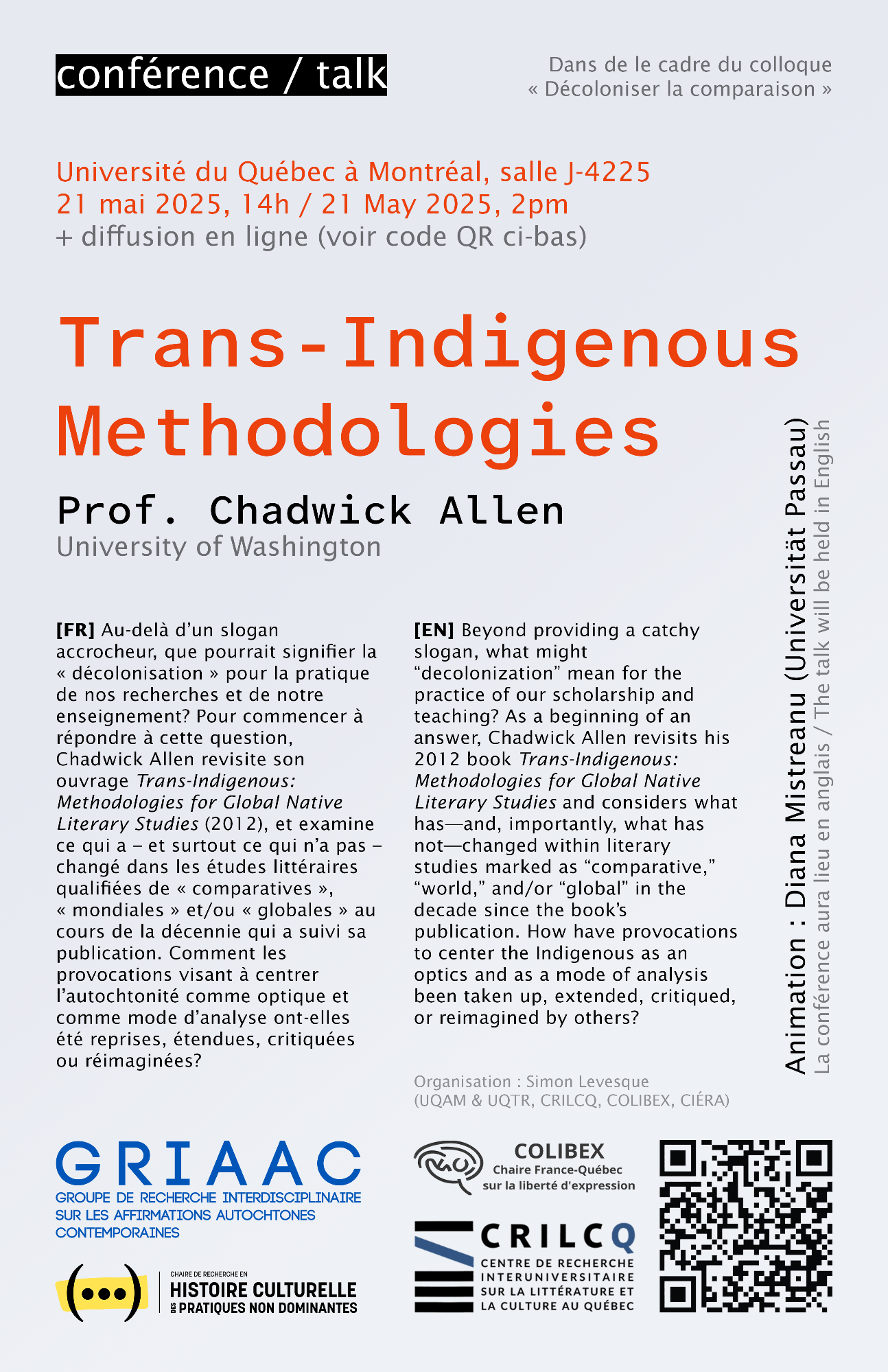 Trans-Indigenous Methodologies. Conf. de Chadiwk Allen (Montréal & en ligne)