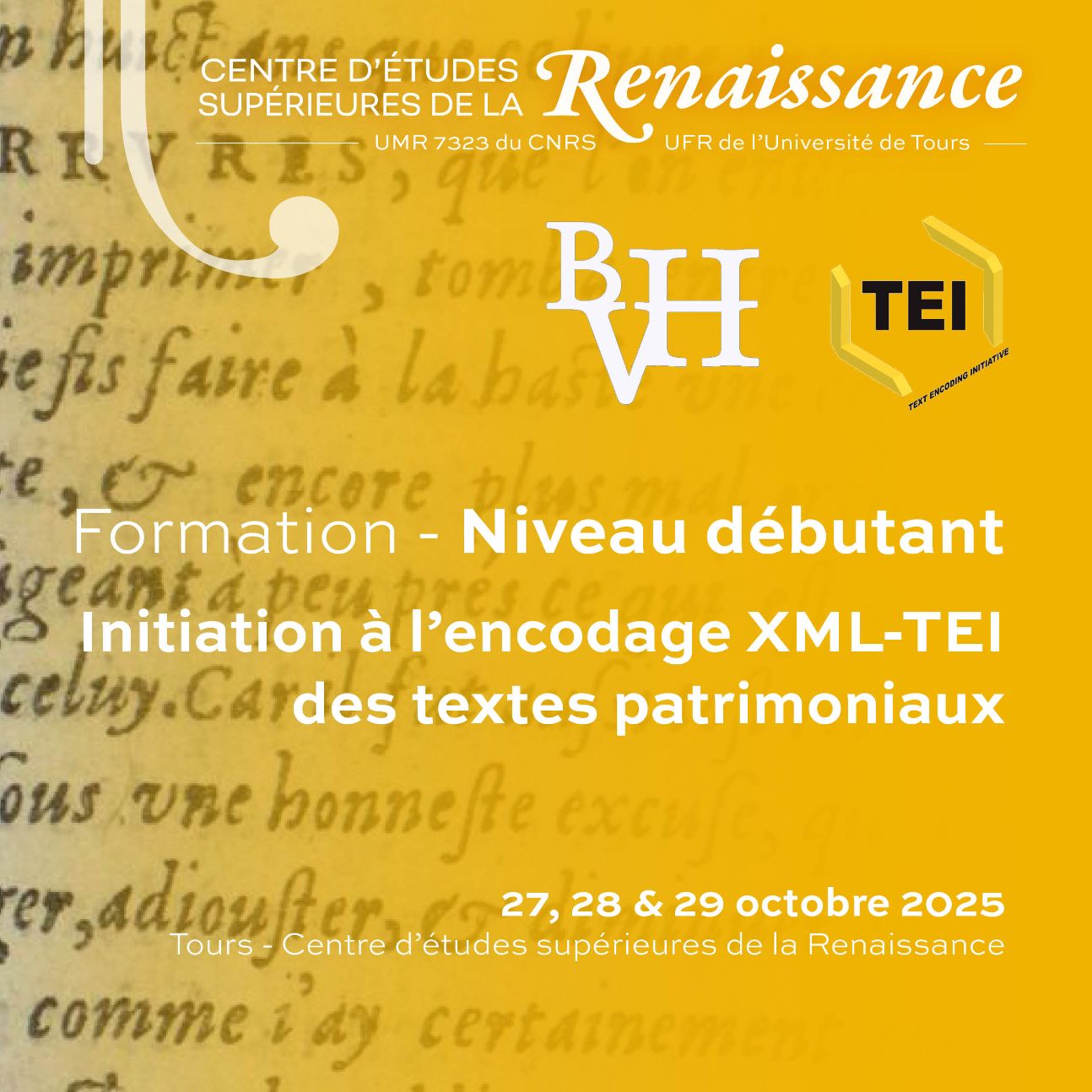 Formation continue : Initiation à l’encodage XML-TEI des textes patrimoniaux (CESR, Tours)