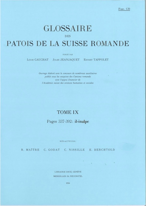 Glossaire des patois de la Suisse romande, t. IX, fasc. 139 : il-inalpe