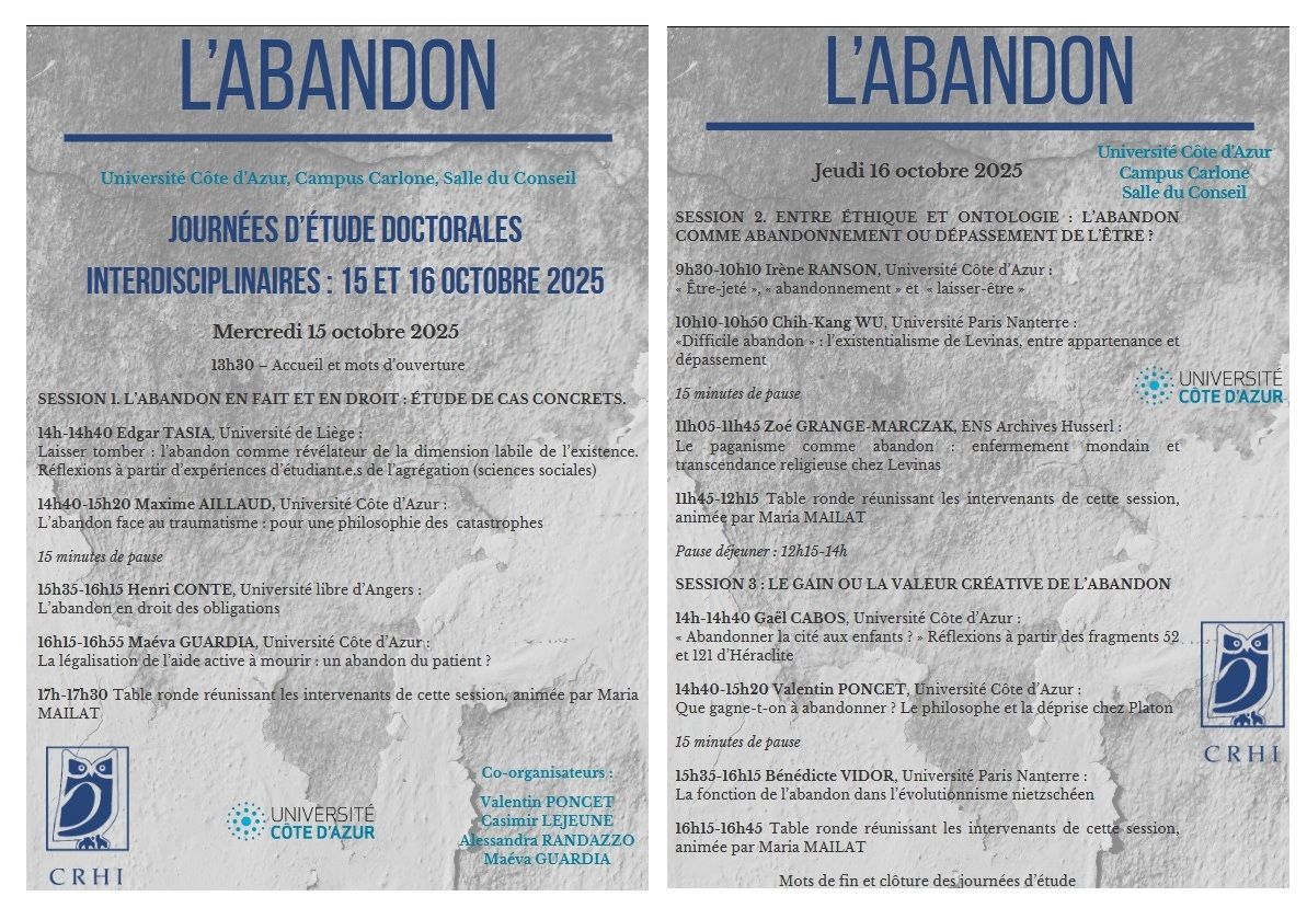 L'abandon. Journées d'étude doctorales du Centre de Recherche en Histoire des Idées (Nice)