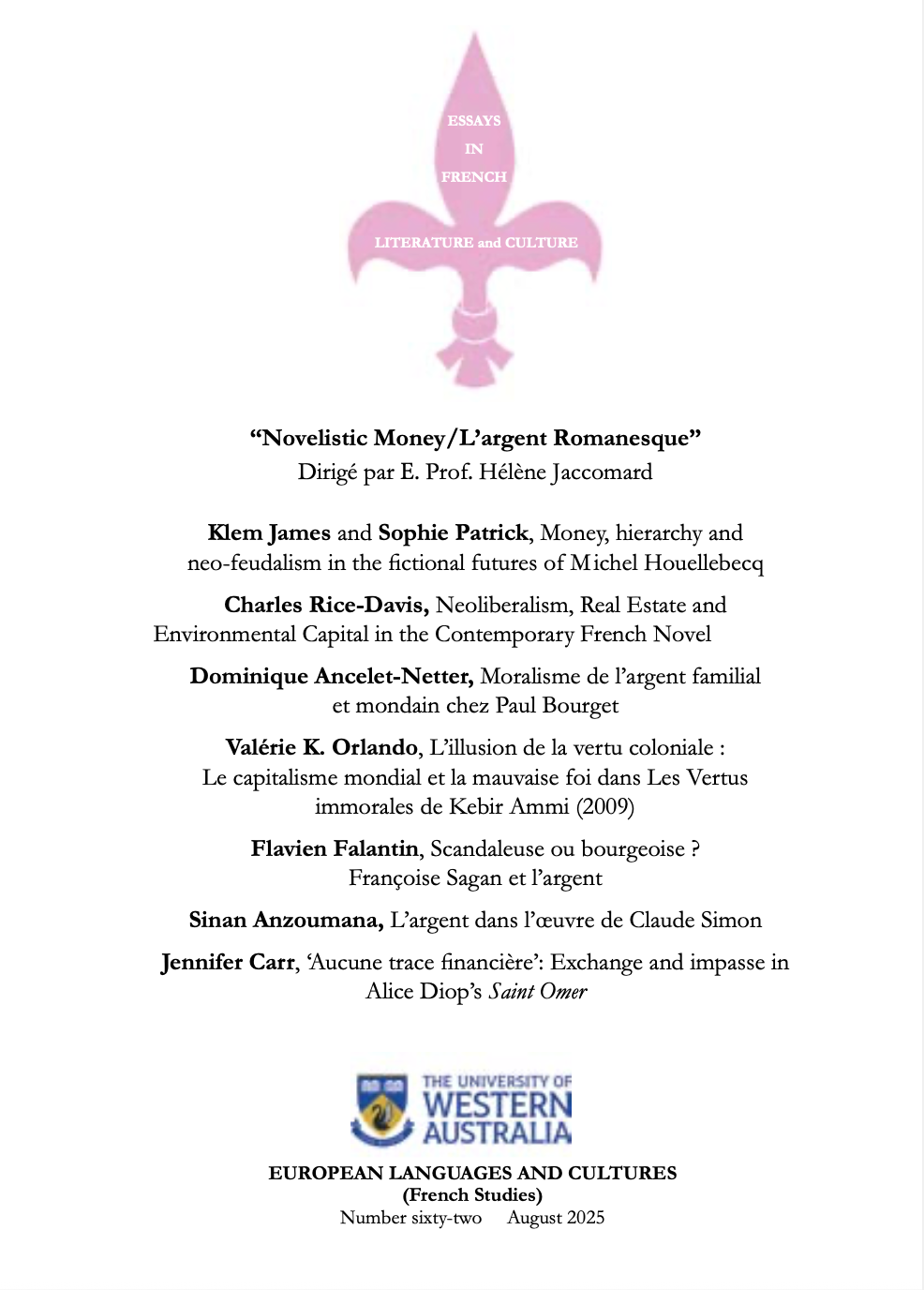 Essays in French Literature and Culture, n° 62 :