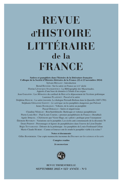 Revue d'Histoire littéraire de la France, 2025, n° 3 : 