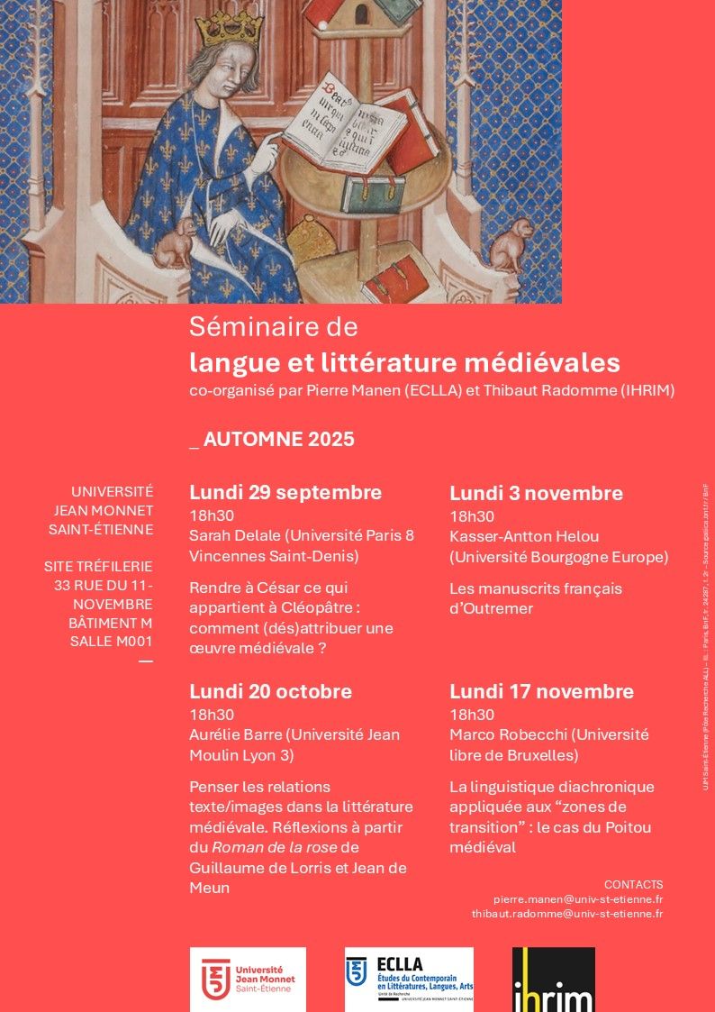 Séminaire de langue et littérature médiévales. Automne 2025 (Univ. Jean Monnet Saint-Étienne)