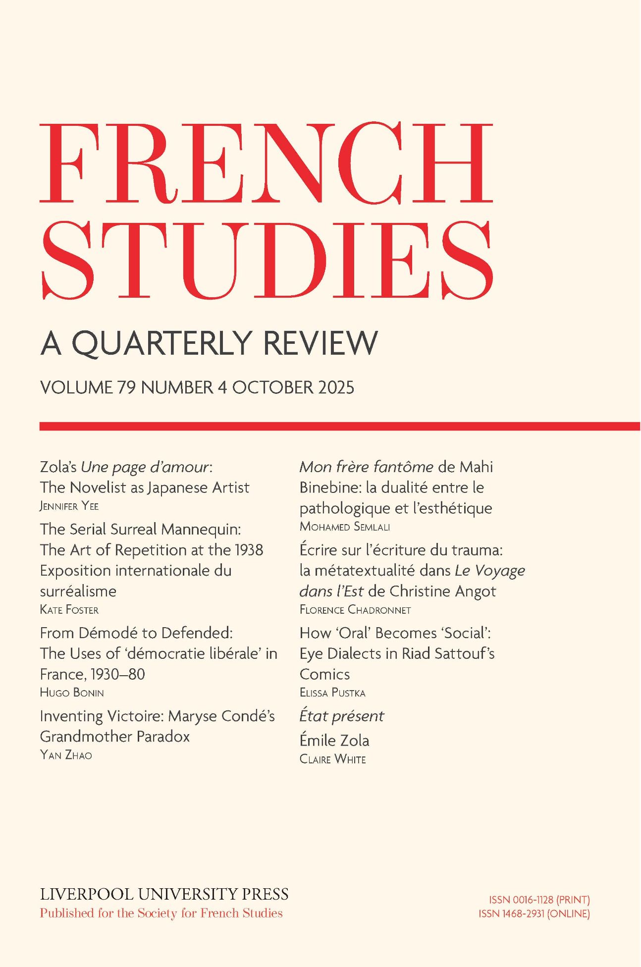 French Studies (79.4) — New research on Zola, Surrealism, democracy, and trauma writing