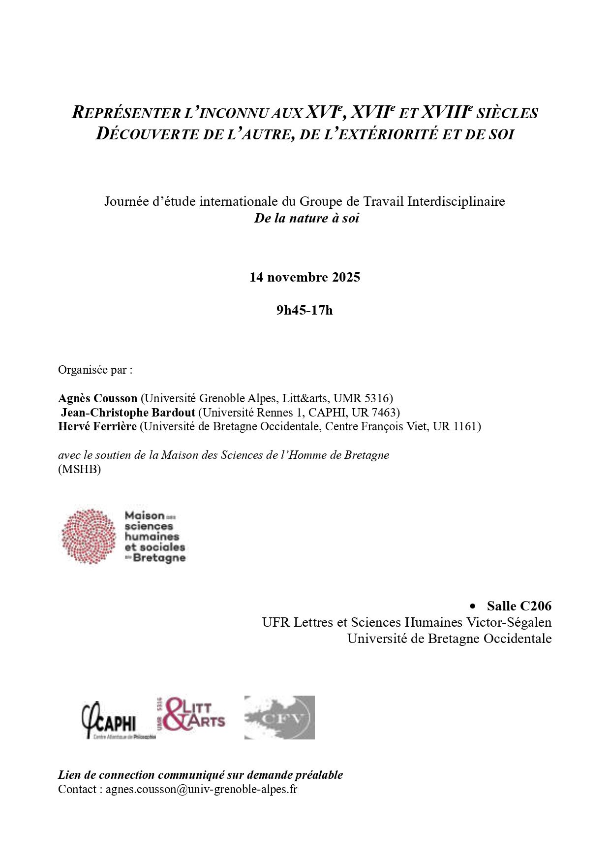 Représenter l’inconnu aux XVIe, XVIIe et XVIIIe siècles. Découverte de l’autre, de l’extériorité et de soi : De la nature à soi (Rennes)