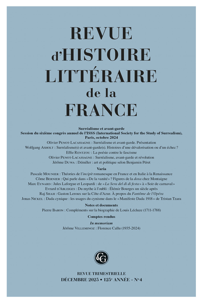 Revue d'Histoire littéraire de la France, n° 4 – 2025 : 