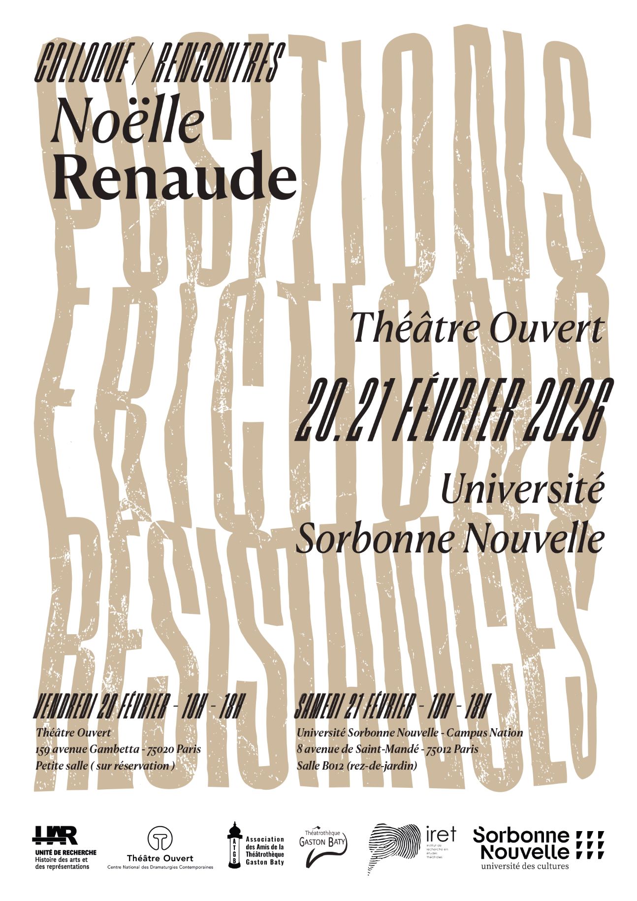 Noëlle Renaude : positions, frictions, résistances (Théâtre Ouvert & Sorbonne nouvelle)