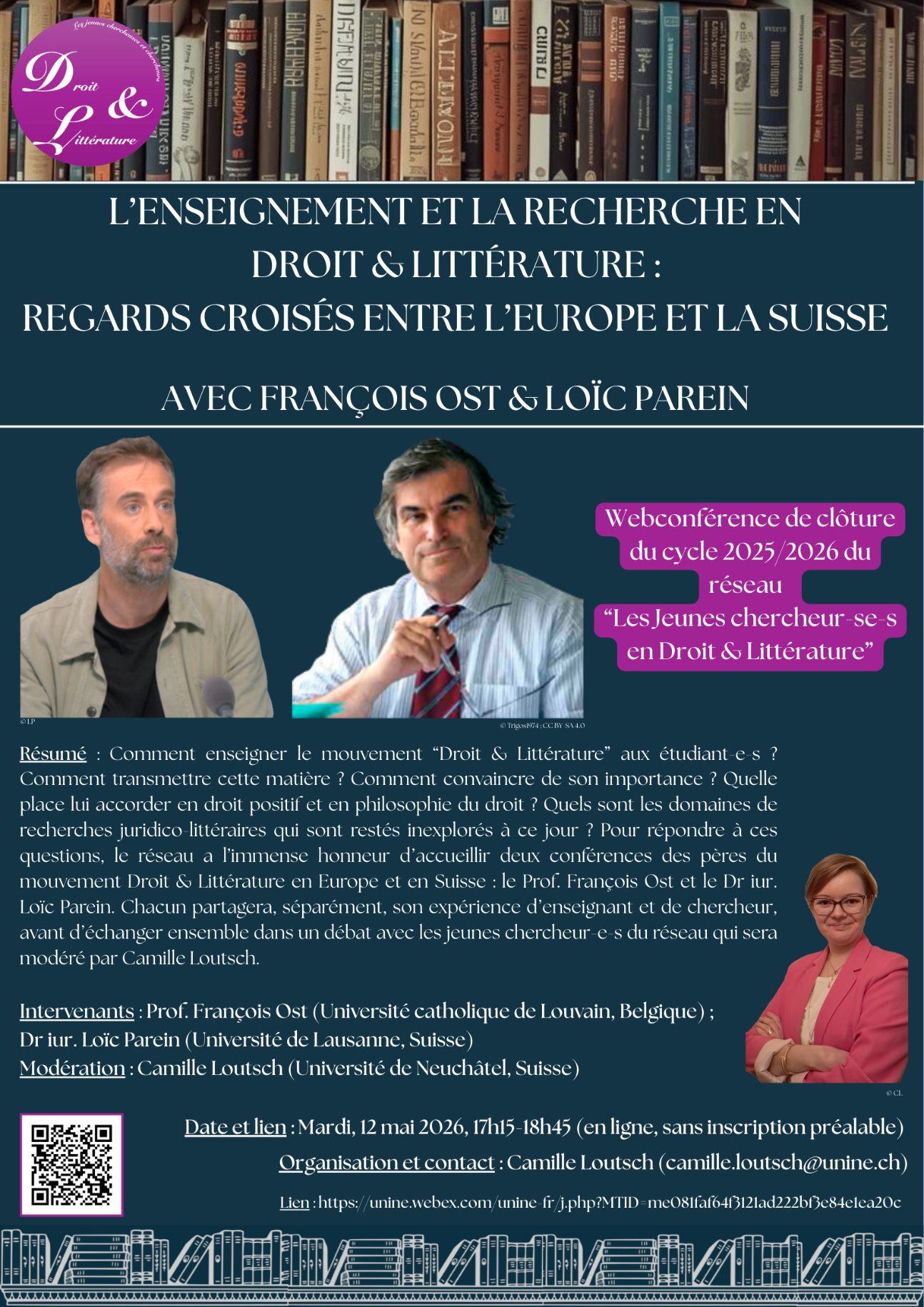L'enseignement et la recherche en Droit & Littérature : regards croisés entre l'Europe et la Suisse. Avec François Ost et Loïc Parein (Neuchâtel, Suisse, en ligne)
