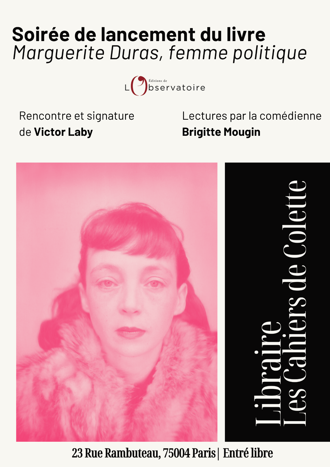 Hommage à Marguerite Duras, avec Victor Laby et Brigitte Mougin (Les Cahiers de Colette, Paris)