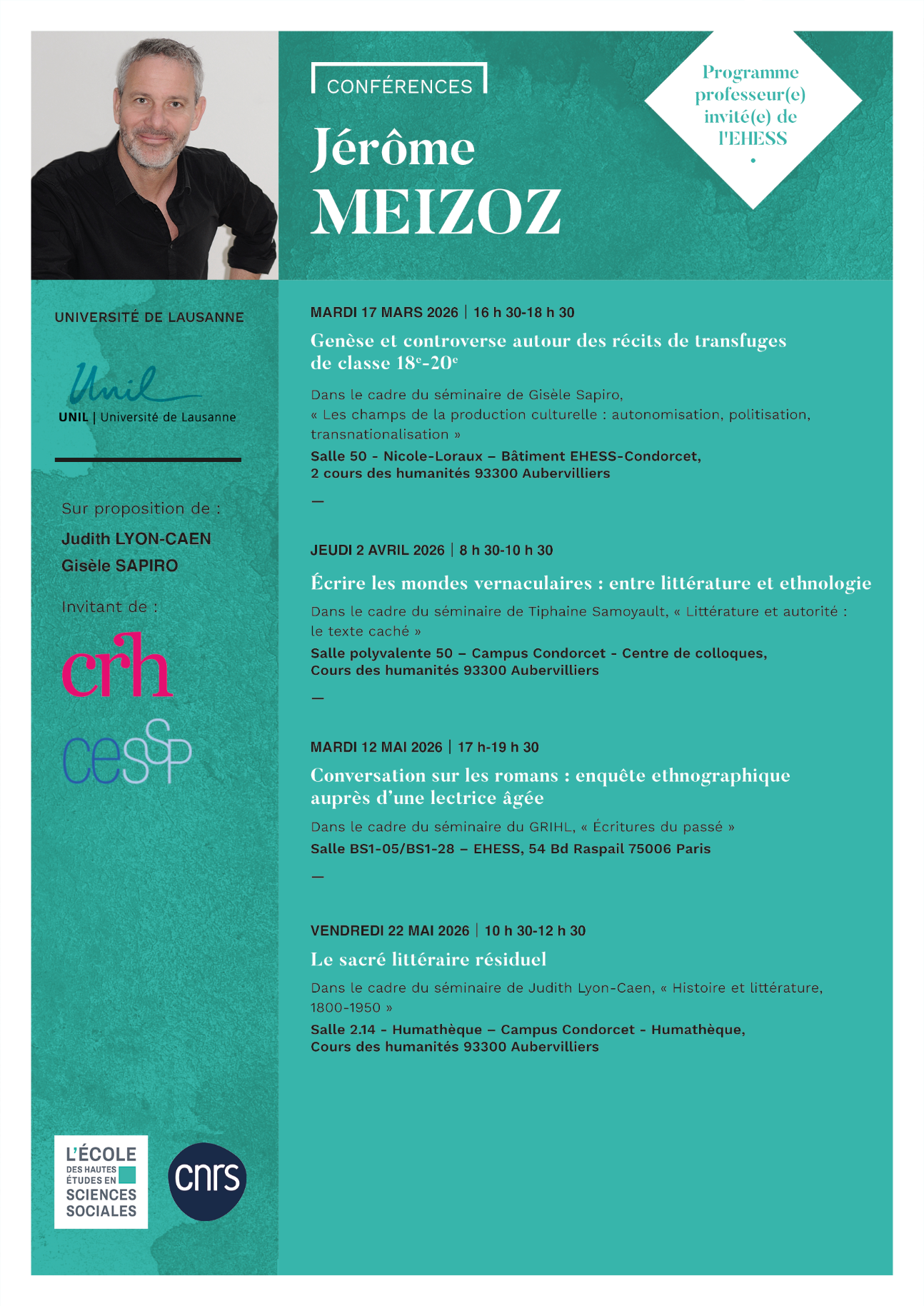 Quatre conférences de Jérôme Meizoz à l'EHESS
