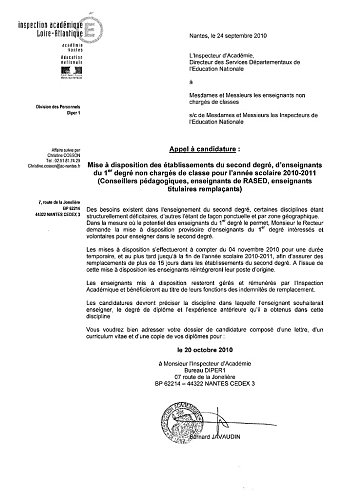 Appels à candidatures pour les enseignants du primaire. pour assurer les remplacements dans le secondaire (dossier màj 14/10/10)