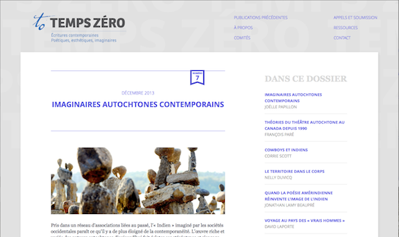 « Imaginaires autochtones contemporains », dossier de la revue <em>temps zéro</em>