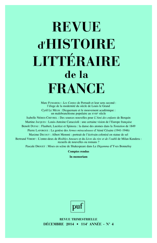 Revue d'histoire littéraire de la France, n° 4, 2014