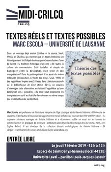 Textes réels et textes possibles. Conf. M. Escola (Univ. Laval, Québec)