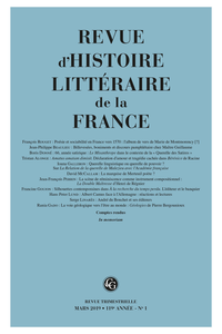 Revue d’Histoire littéraire de la France 1 – 2019, 119e année - n° 1