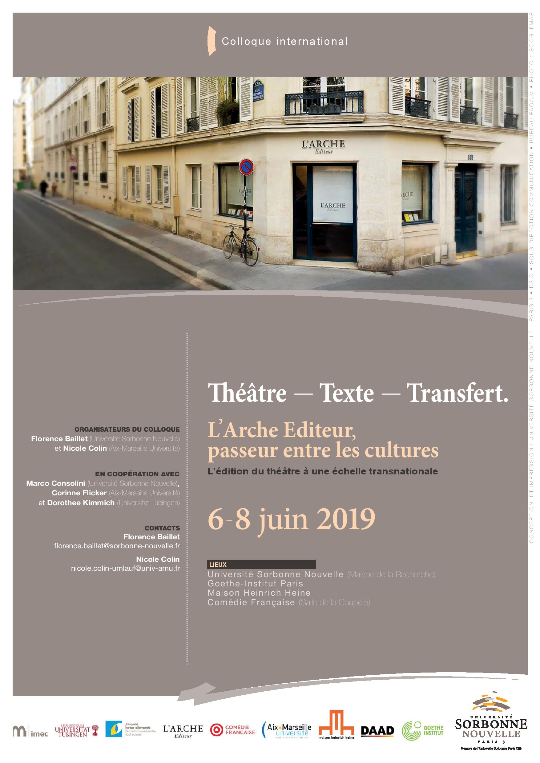 Colloque international : Théâtre – Texte – Transfert. L’Arche Editeur, passeur entre les cultures - Volet II : L’édition du théâtre à une échelle transnationale (Paris)