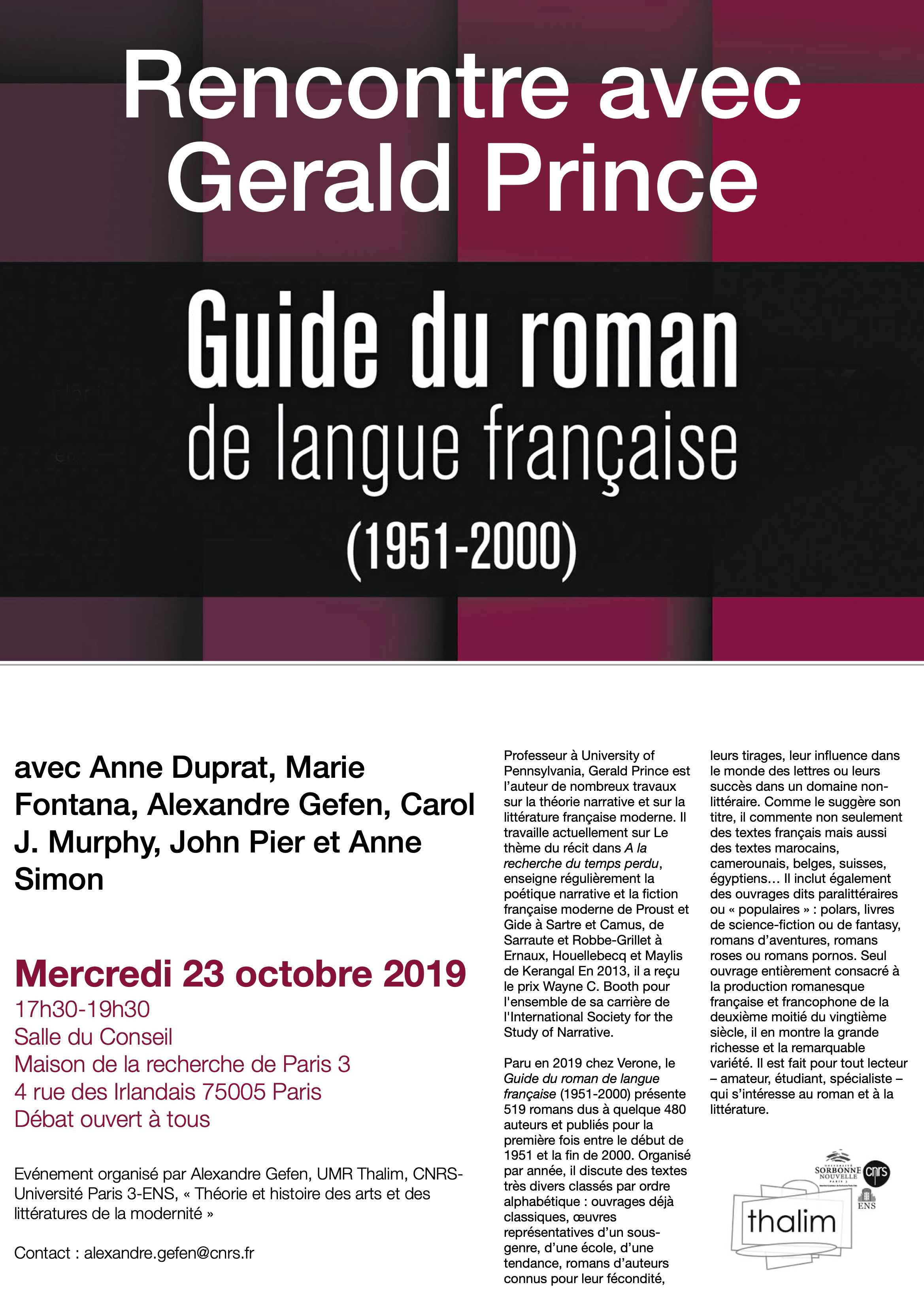 Rencontre avec Gerald Prince. Autour du Guide du roman de langue française
