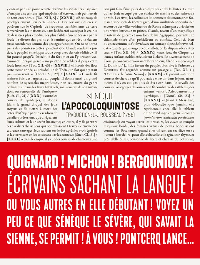 Sénèque, L’Apocoloquintose de l’empereur Claude. Pamphlet violent à l'adresse d'un prince physiquement éliminé (trad. J.-J. Rousseau)